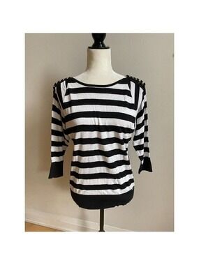 Micahel Kors women black white striped sweater sz small gold chain detail